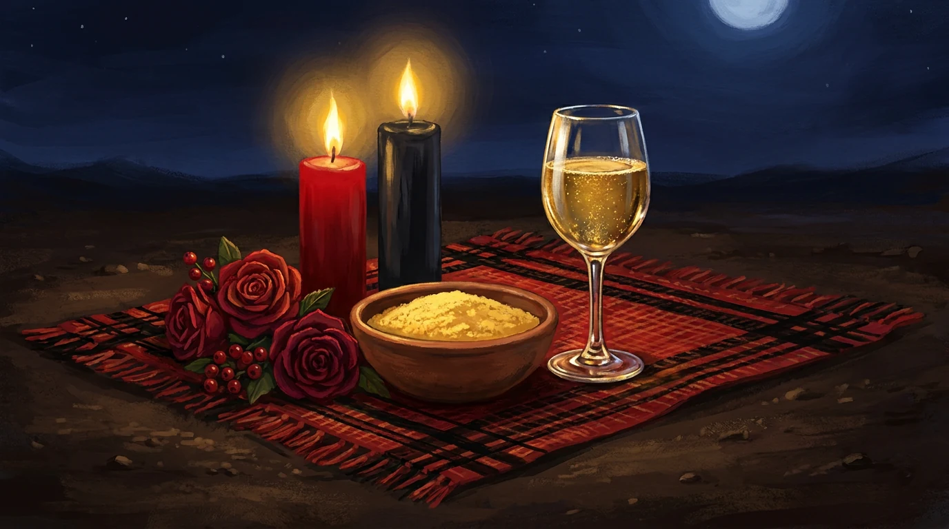 Pintura de oferenda para Pombagira sobre pano vermelho e preto à noite: rosas vermelhas abertas, frutinhas vermelhas, tigela de farinha amarela, taça de espumante e velas vermelha e preta acesas.
