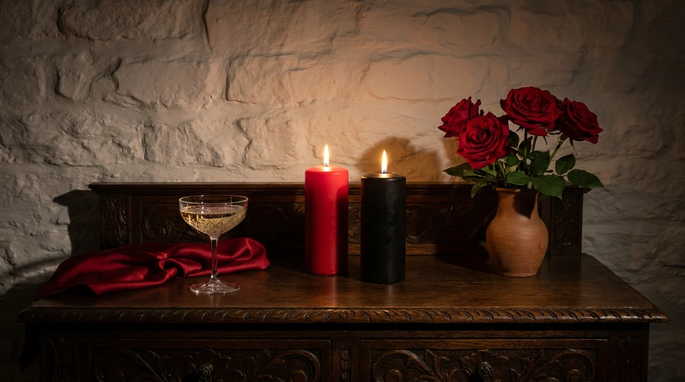 Aparador de madeira escura com uma taça de espumante, rosas vermelhas abertas num vaso de barro e velas vermelha e preta acesas, diante de uma parede caiada à noite.