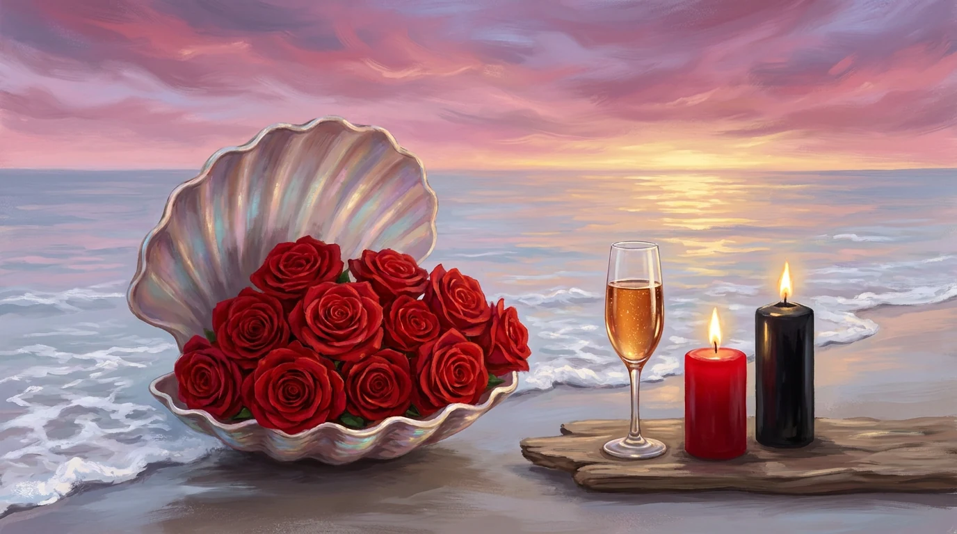 Pintura de uma concha aberta com rosas vermelhas na areia da praia ao entardecer, ao lado de uma taça de espumante e de velas vermelha e preta acesas sobre madeira.