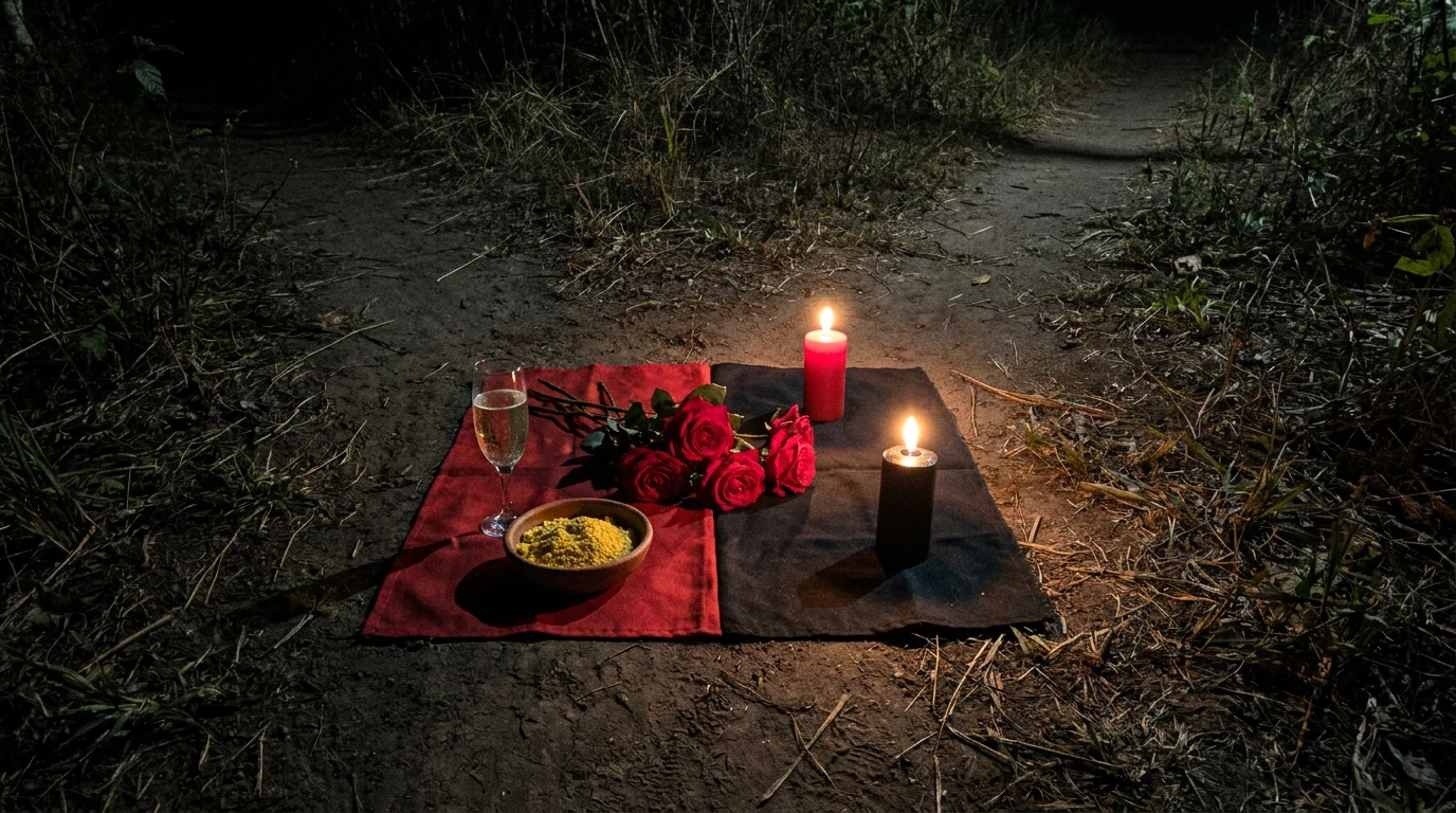 Oferenda de pombagira num caminho de terra à noite: pano metade vermelho e metade preto, rosas vermelhas abertas, taça de espumante, prato de barro com farofa e velas vermelha e preta acesas.