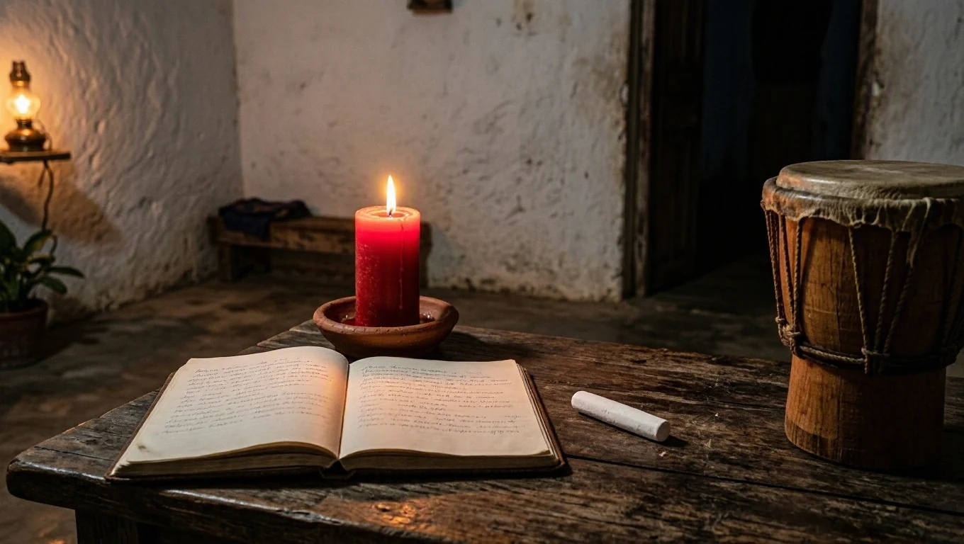 Mesa de madeira com caderno de pontos aberto, pemba branca, atabaque pequeno e vela vermelha acesa à luz de lamparina.