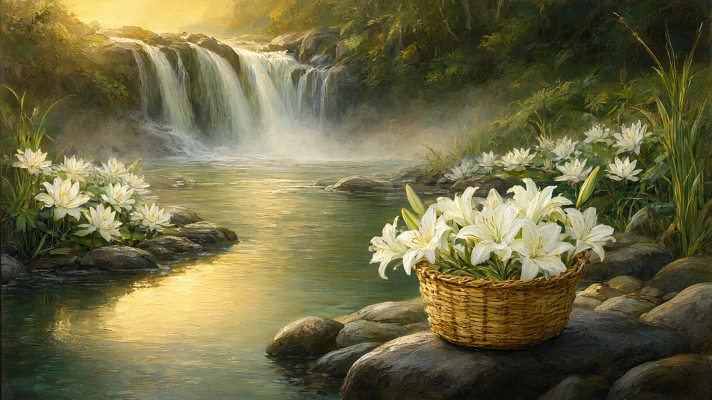 Painting of white lilies by a waterfall, with a basket of harvested lilies on a stone.
