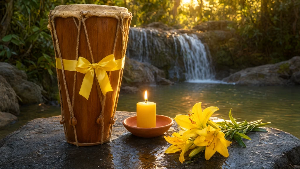 Wooden atabaque with a yellow ribbon on a stone by the waterfall, with a lit yellow candle and yellow lilies nearby.