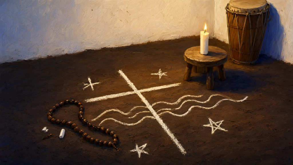 Pintura sacra de uma cruz riscada com pemba branca no chão de terra, com estrelas, ondas e um rosário