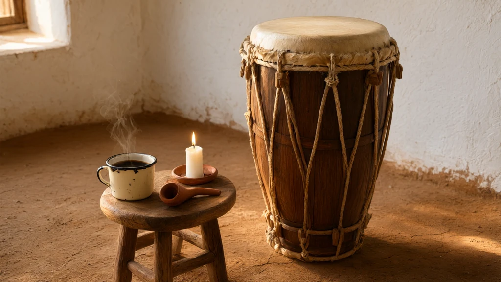 Atabaque de couro rente a uma parede caiada, ao lado de um banquinho de madeira com caneca de café, cachimbo de barro e vela branca.