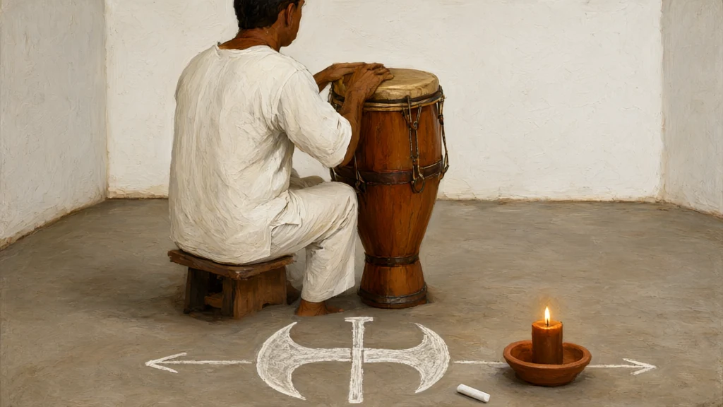 Painting of a curimbeiro from behind at the atabaque and a double-edged oxé drawn in chalk on the floor of the terreiro.