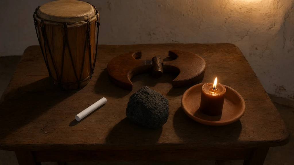 Leather atabaque, double-edged wooden axe, white pemba, dark stone, and a lit brown candle on a terreiro table.
