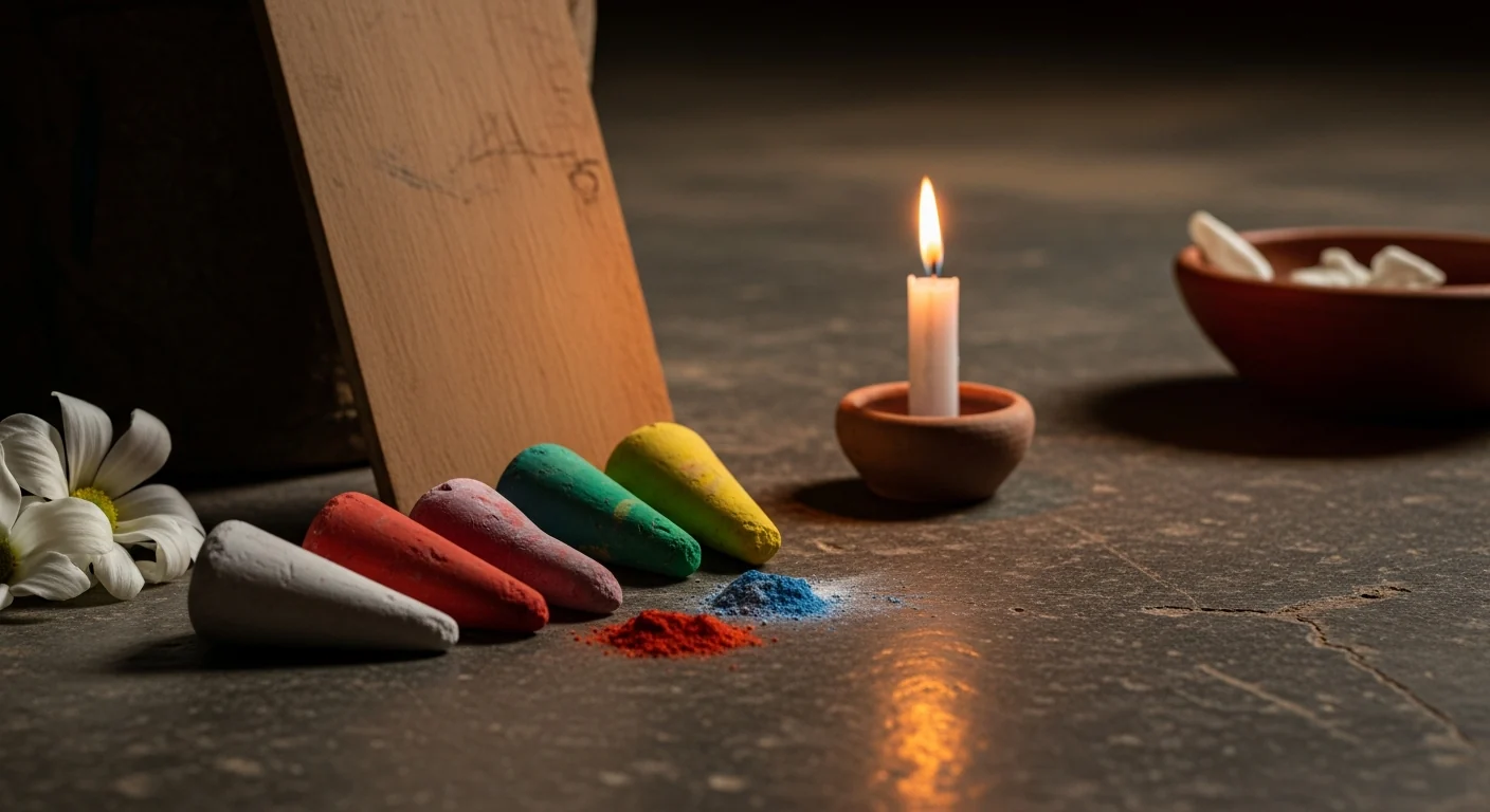 Ponto riscado com pemba branca e colorida no chão do terreiro, a assinatura simbólica das entidades da umbanda sob luz natural.