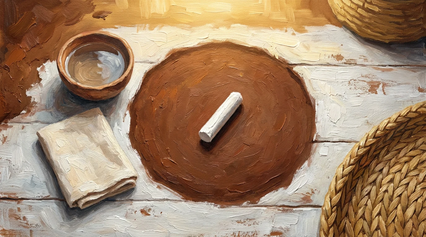 Pintura de um pedaço de pemba branca sobre um disco de terra alisada, ao lado de uma tigela de barro com água e um pano dobrado, sobre piso caiado, sem desenho nem marca na terra.