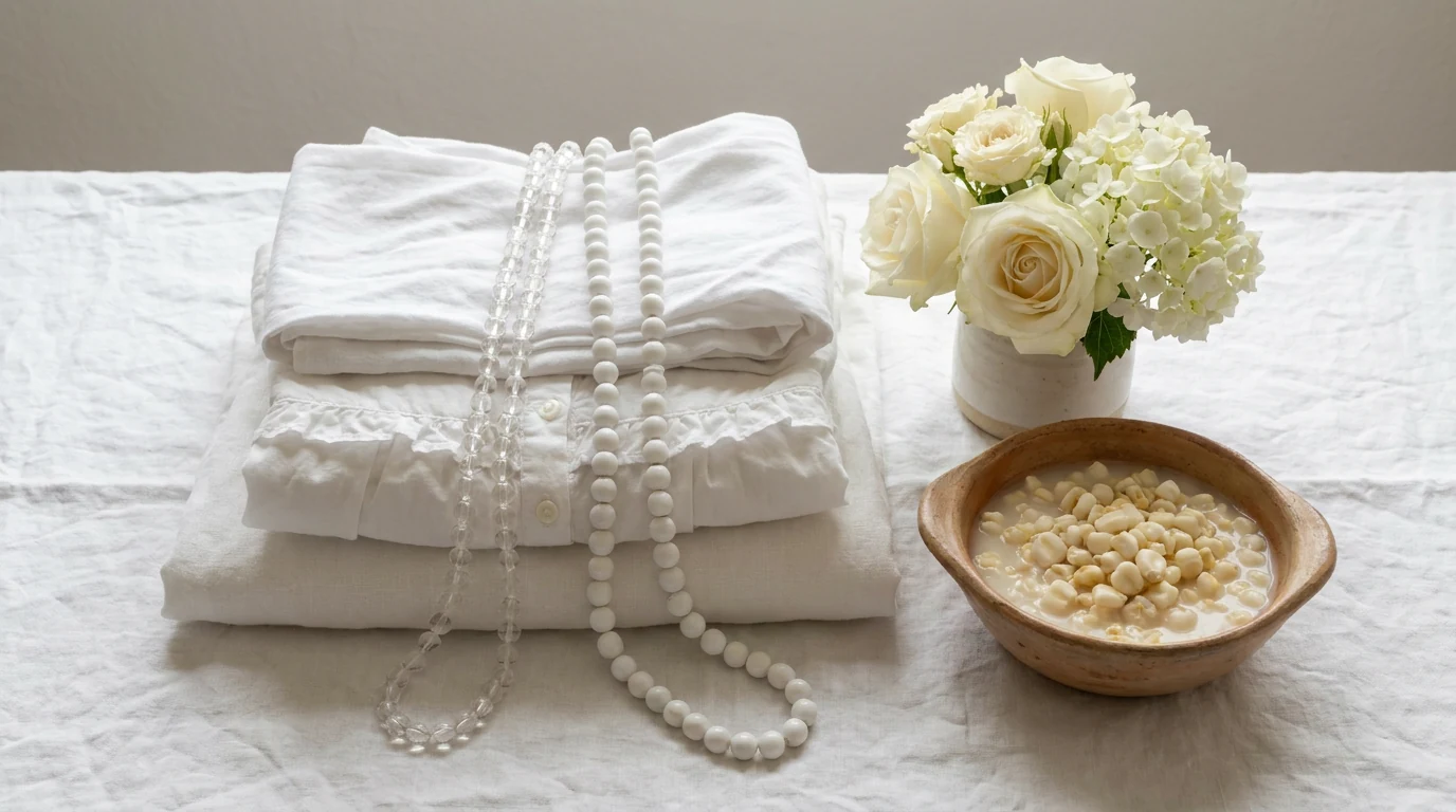 Roupas brancas dobradas com torço, fios de contas branco e cristal, flores brancas e um prato de canjica sobre pano branco.