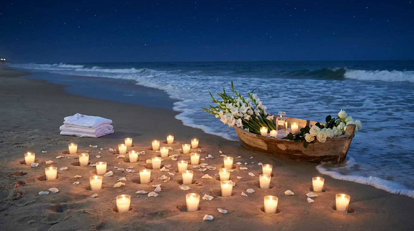 Flores brancas na beira do mar à noite, com um barquinho de oferendas para Iemanjá, perfume e velas brancas acesas na areia.