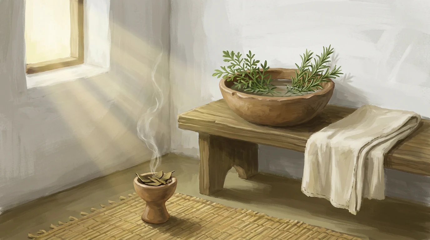 Pintura de um canto de casa caiada ao amanhecer com tigela de barro com arruda e alecrim na água sobre um banco, pano claro dobrado e defumador de barro com folhas secas soltando fumaça.