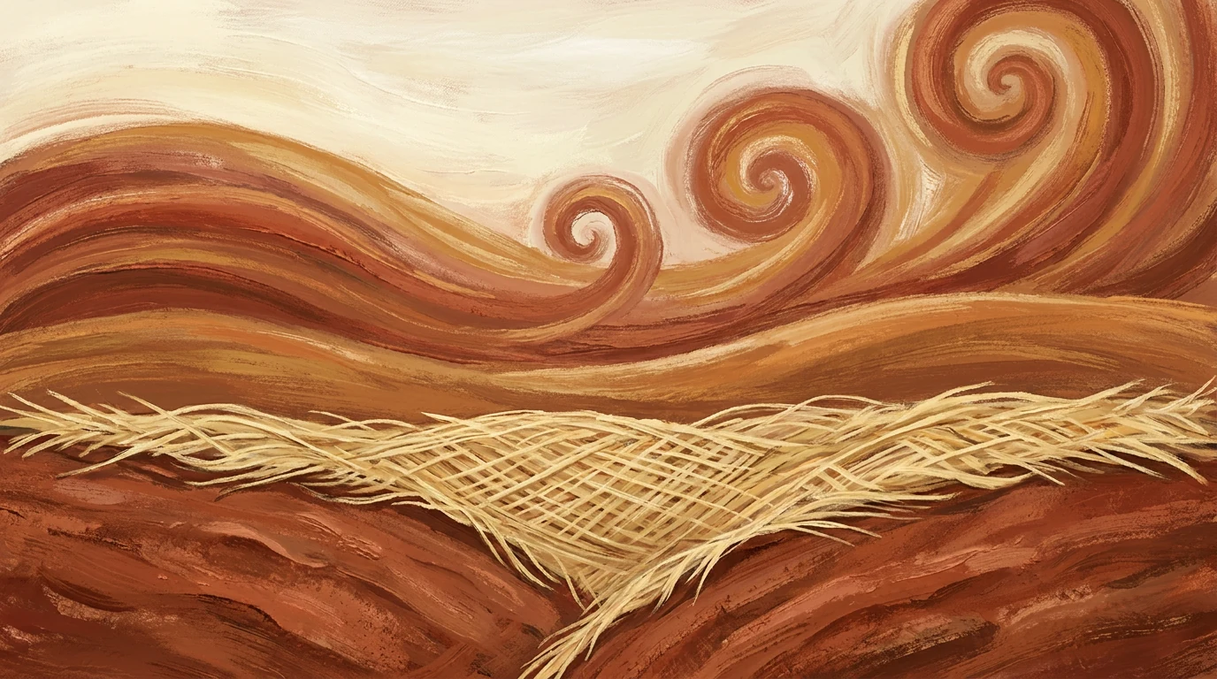 Sacred art painting in red clay earth covered by a mantle of coastal straw, under copper colored spiral winds