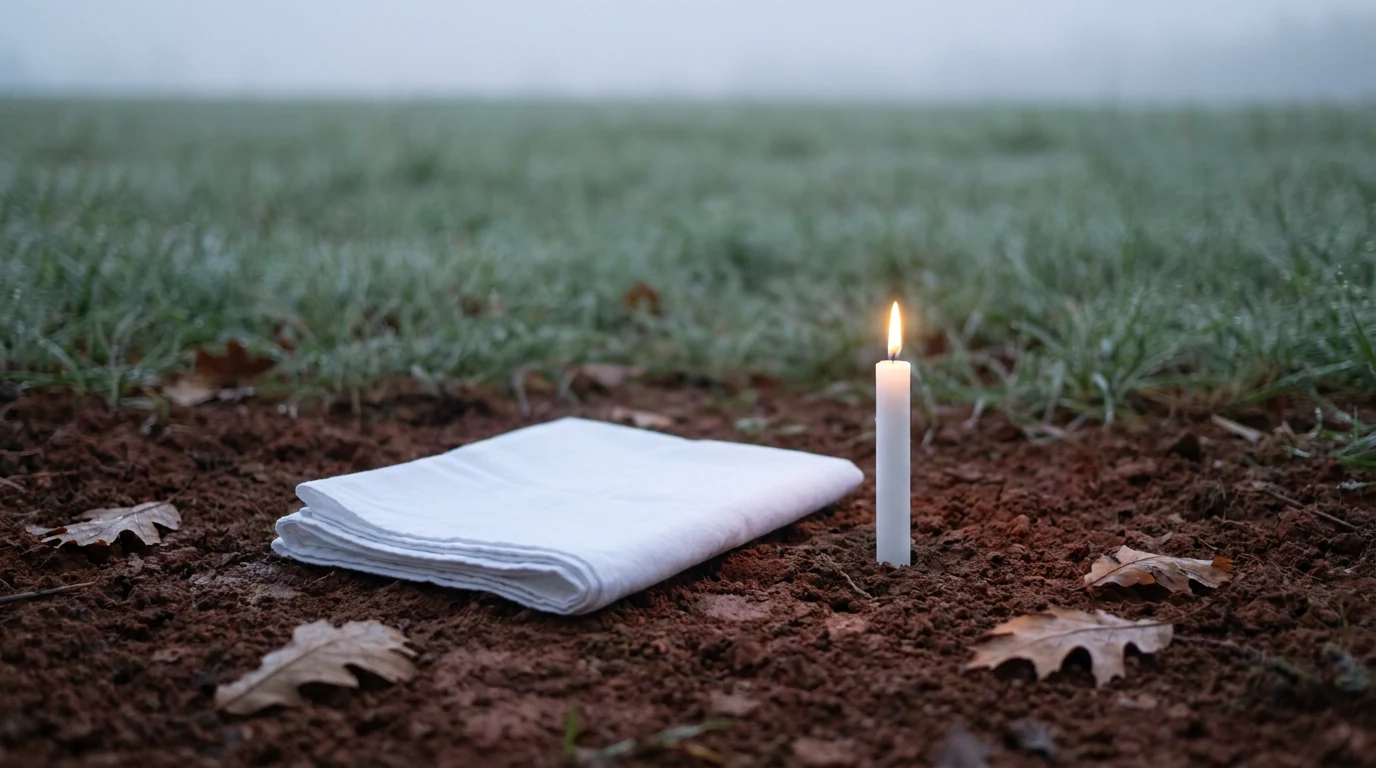 Folded white fabric and a lit white candle on red earth, with dry leaves around and dew-covered grass in the background, in the cool light of dawn.