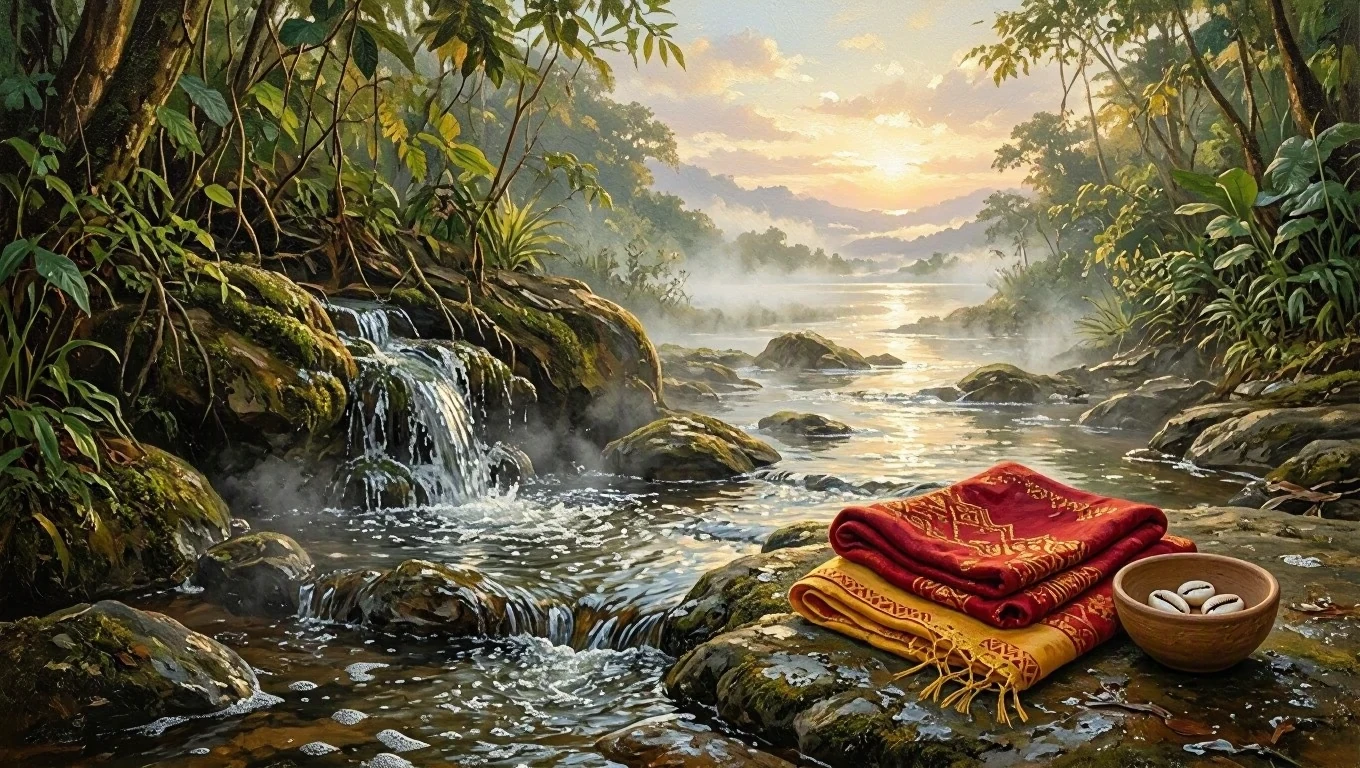 Sacred painting of a freshwater spring among rocks in the forest at dawn, with a folded red and yellow cloth and a bowl of cowrie shells (búzios) on a stone