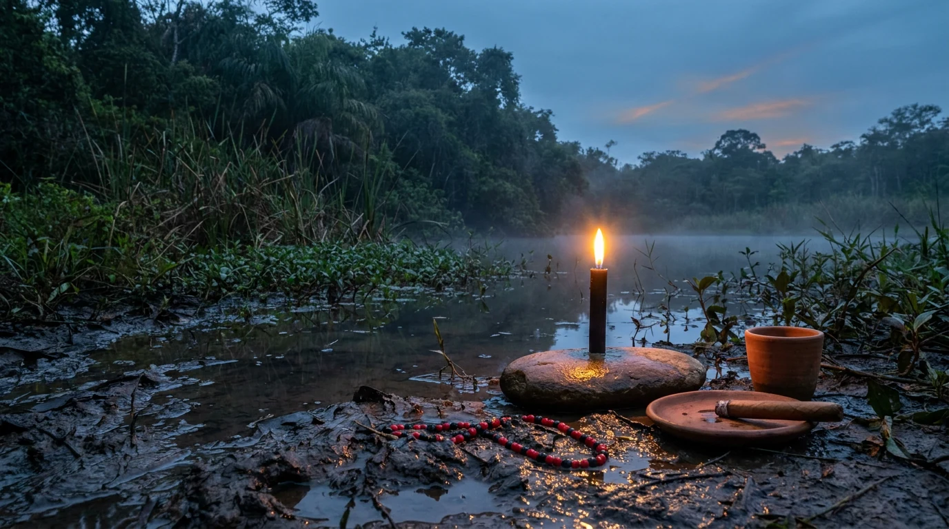 Margem de lagoa com lodo escuro e água parada ao entardecer, vela preta acesa sobre pedra molhada, charuto e copo de barro ao lado.