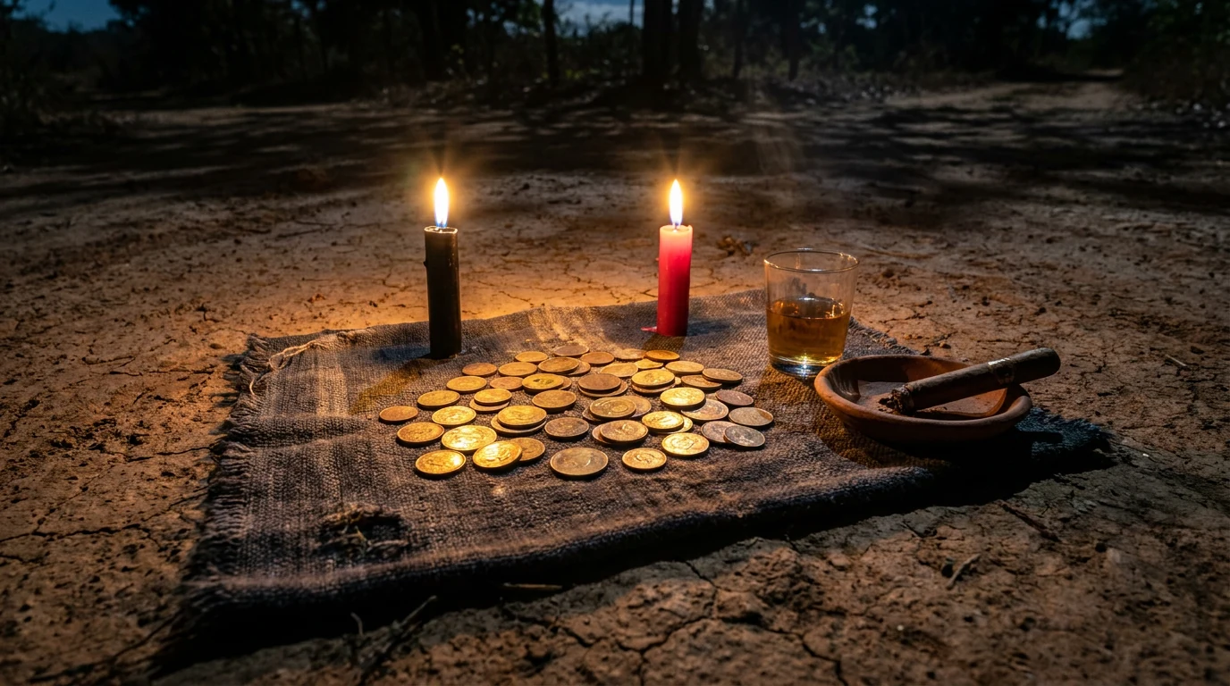 Moedas douradas espalhadas ao lado de vela preta e vermelha acesa, charuto e copo de bebida sobre pano escuro numa encruzilhada de terra.