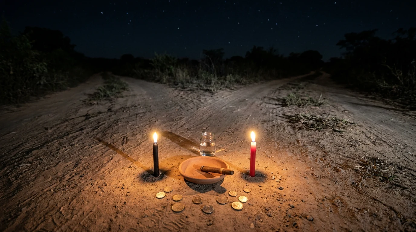 Encruzilhada de terra deserta à meia-noite, vela preta e vela vermelha acesas no centro do cruzamento, charuto e copo de marafo no chão.