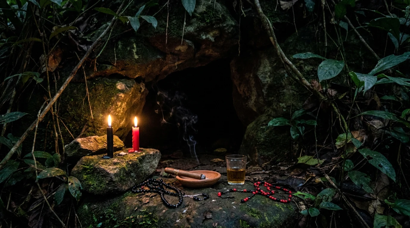 Entrada de gruta escura à noite com vela preta e vermelha acesa no chão de pedra, charuto aceso e copo de marafo, mata fechada ao redor.