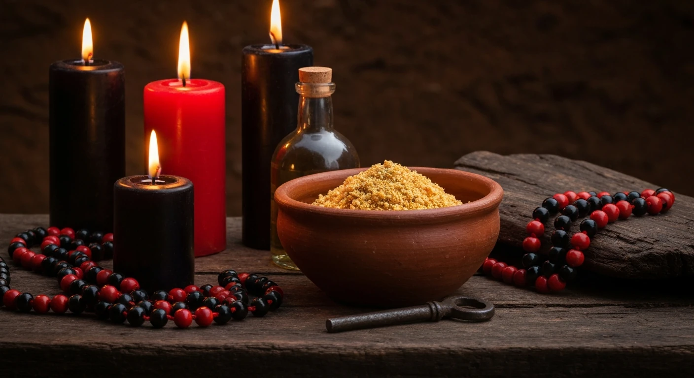 Padê de farofa com dendê e uma chave de ferro em uma encruzilhada de terra, o orixá mensageiro Exu ao entardecer.