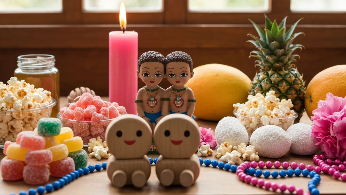 Mesa de doces coloridos e brinquedos de madeira ao lado de duas velas iguais, a alegria dos orixás gêmeos Ibeji.