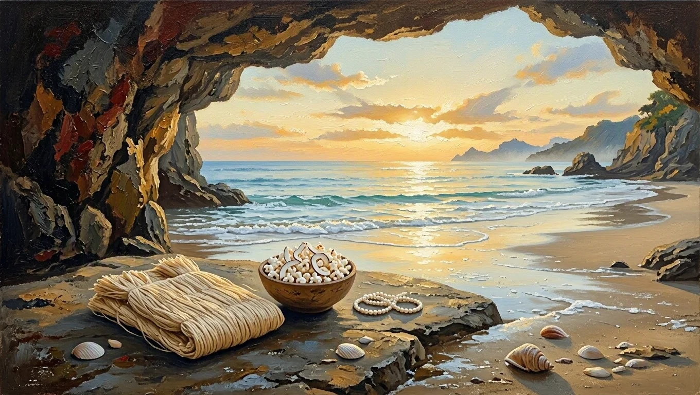 Sacred painting of a cave by the seaside at dawn, with folded straw clothing, a bowl of popcorn with coconut, and a pearl necklace.