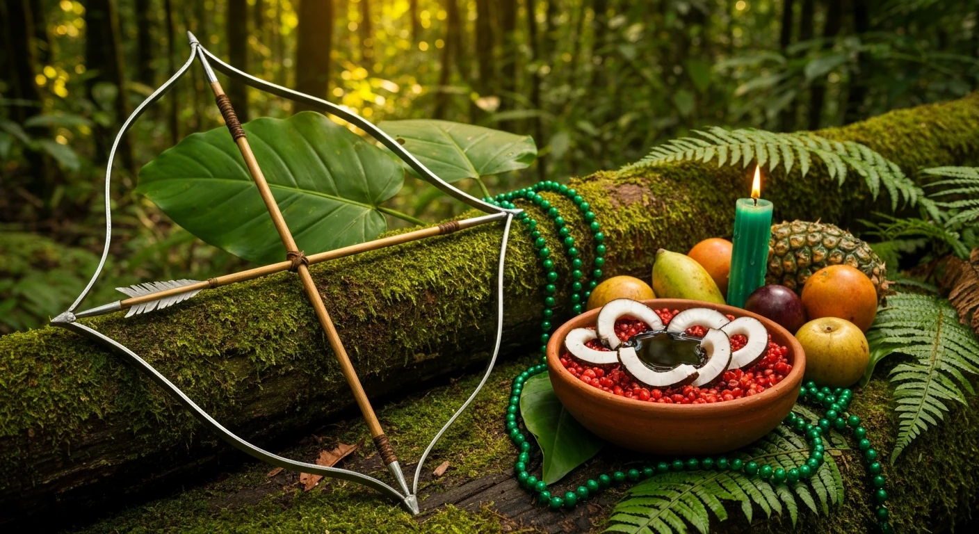 Arco e flecha de metal apoiados em folhagem densa da mata com milho e frutas, o orixá caçador Oxóssi sob luz filtrada.