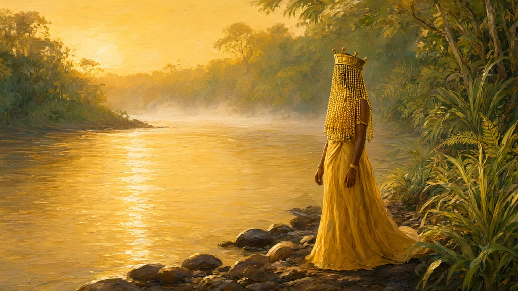 Sacred painting of Oxum in profile, with a bead necklace, by a golden river at dawn