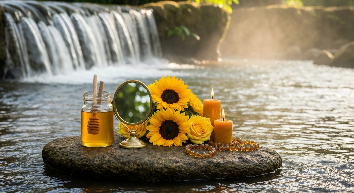 Cachoeira de águas doces cercada de rosas amarelas com mel e um abebé dourado sobre as pedras, a orixá Oxum.