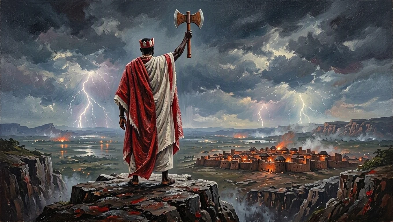Sacred painting of Xangô from behind, in red and white, raising the oxê at the top of a quarry under lightning.