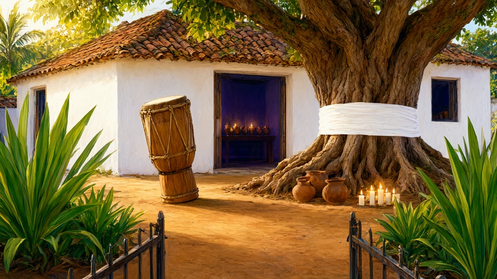 Pátio de terreiro de candomblé com casa caiada, árvore sagrada com pano branco na base, quartinhas, velas e atabaque, em pintura de arte sacra