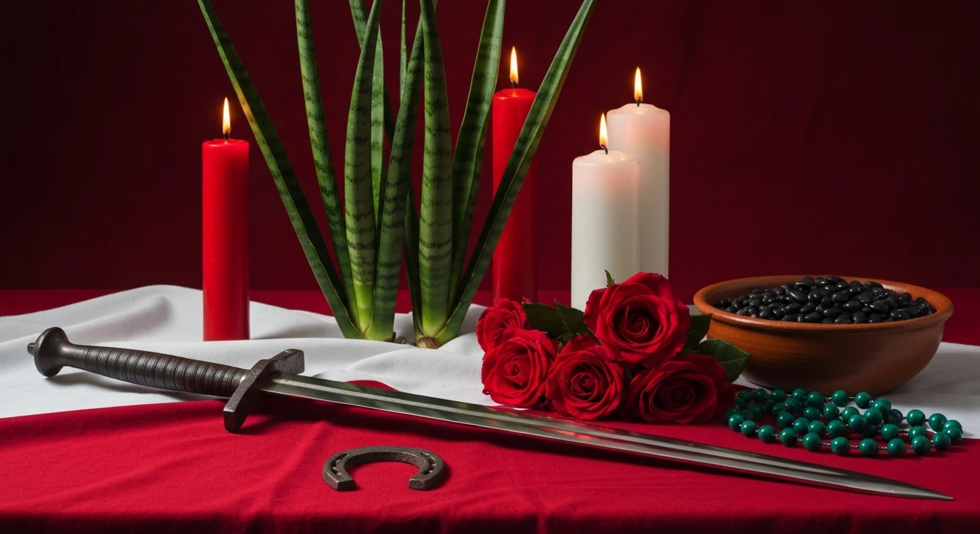 Espada de ferro fincada na terra ao lado de uma capa vermelha e velas verdes acesas ao entardecer.