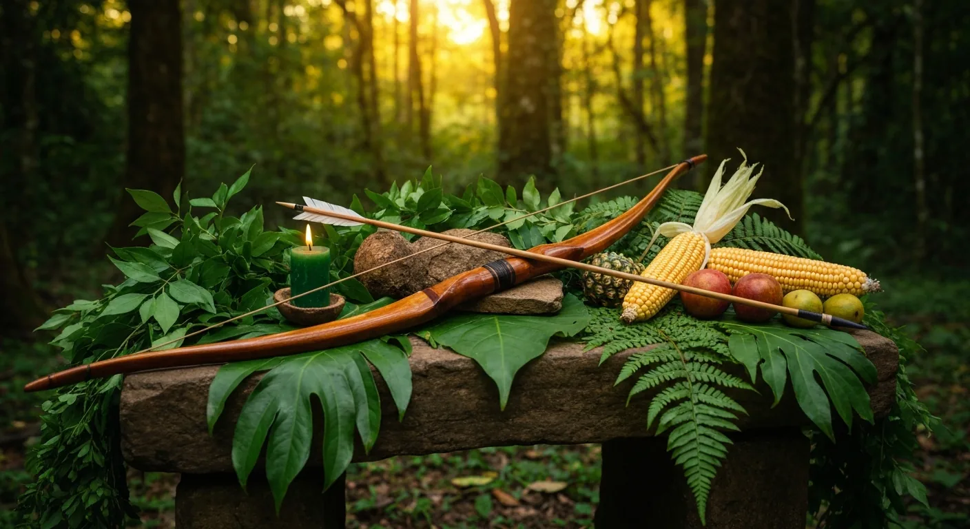 Flechas e um arco de madeira apoiados em árvore da mata verde, com folhas, frutas e uma vela acesa.