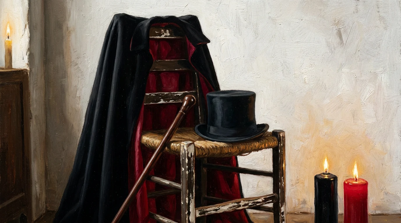 Pintura de uma capa preta com forro vermelho sobre uma cadeira de palha, com cartola preta, bengala de madeira e velas preta e vermelha acesas.
