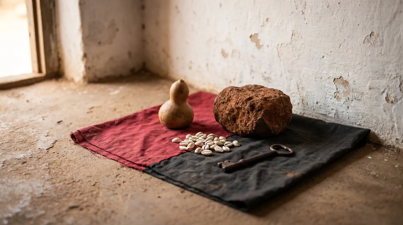 Pedra de laterita avermelhada, cabaça seca, búzios e uma chave antiga de ferro sobre pano vermelho e preto, no chão de terra batida junto a uma parede caiada.