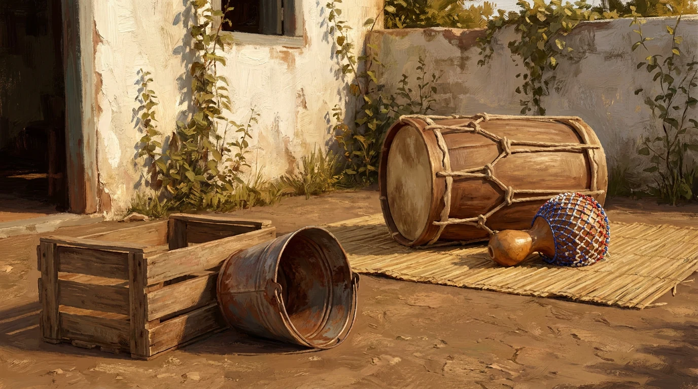 Sacred art painting of a backyard with a wooden crate and an old bucket on the dirt floor and, in the background, a rope drum and an agê on a mat