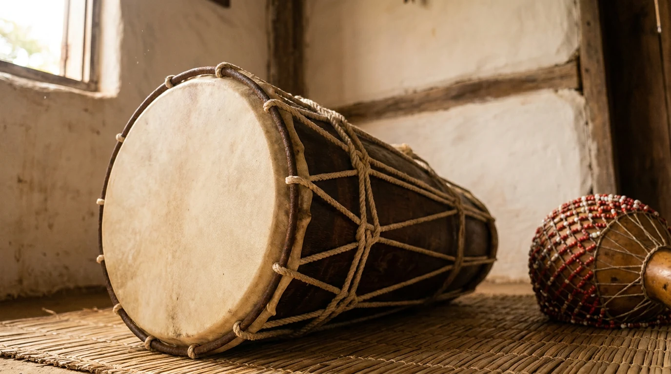 A Batuque drum lying on a mat, with a raw leather mouth and tension rope braided on the wooden body, and a red and white bead agê beside it, next to a whitewashed wall and window.