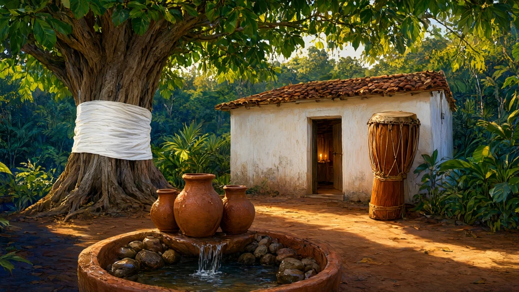 Casa caiada de terreiro com atabaque, árvore sagrada com pano branco e quartinhas ao lado de uma fonte, em pintura de arte sacra