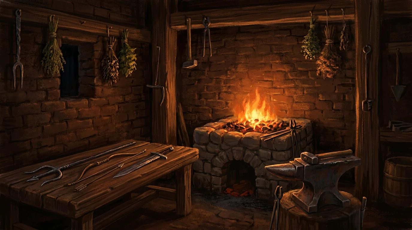 Pintura de uma forja de ferreiro com a brasa acesa, a bigorna e, sobre a bancada, um tridente, um arco e flecha e uma espada de ferro.