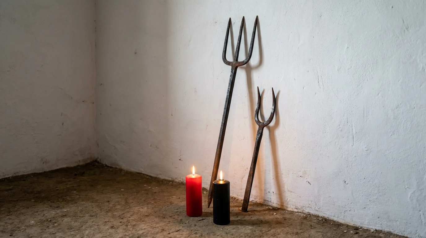 Tridente de ferro forjado de três pontas retas apoiado numa parede caiada, ao lado de um garfo de ferro menor de duas pontas, sobre chão de terra batida com velas vermelhas e pretas.