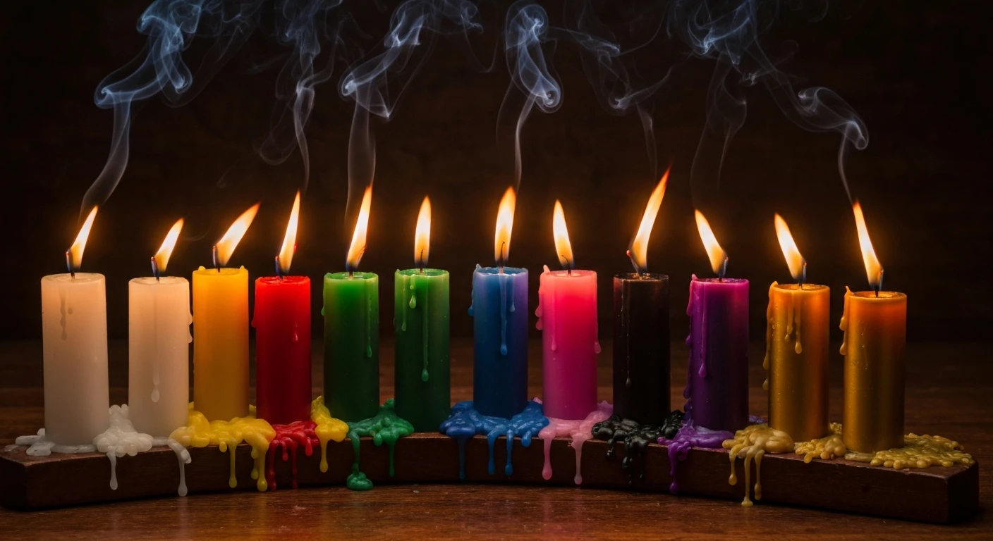 Fileira de velas de diversas cores acesas sobre mesa de madeira, brancas, vermelhas, azuis e amarelas, em luz suave.