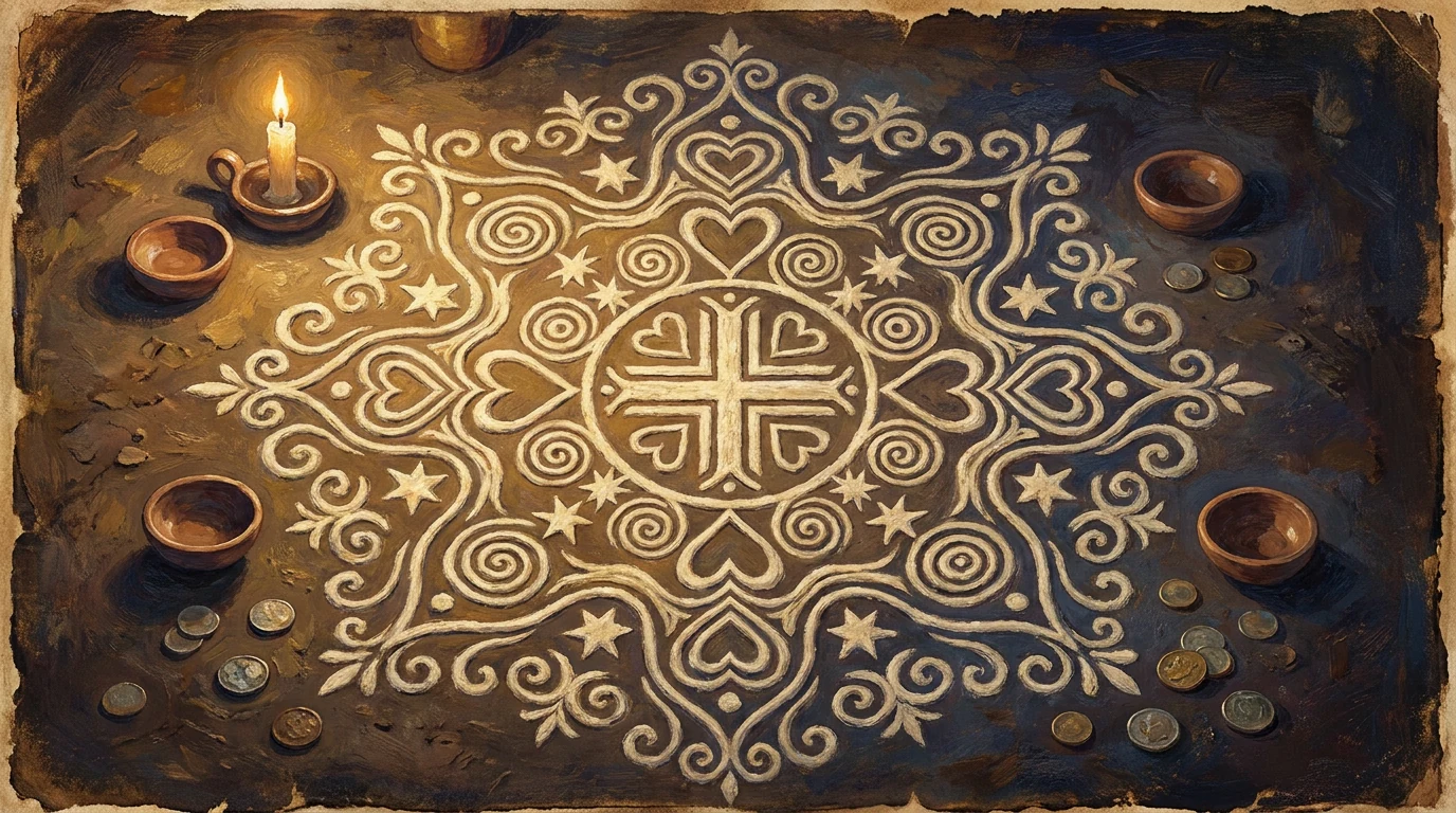 Pintura de arte sacra de um vèvè traçado com fubá no chão de terra batida, com cruz e corações no centro, ladeado por tigelas de barro, moedas e uma vela acesa.