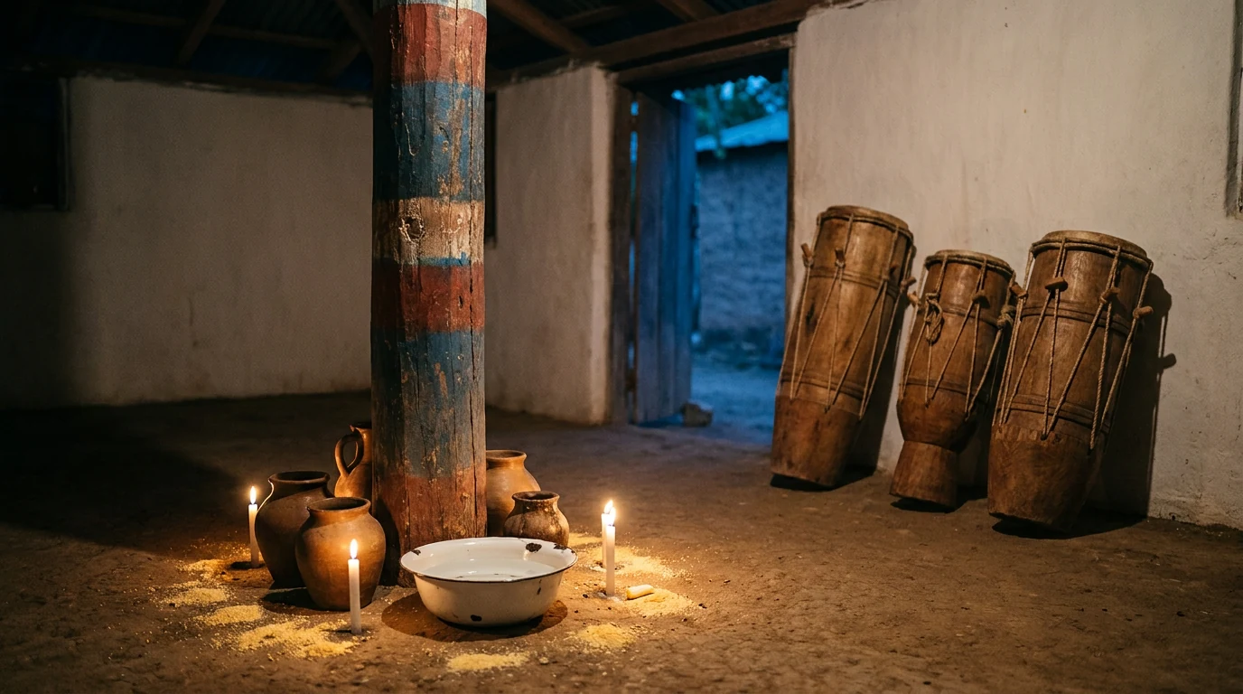 Salão de culto haitiano com piso de terra batida e pilar central pintado, tambores encostados na parede caiada, velas acesas e jarros de barro no pé do pilar.