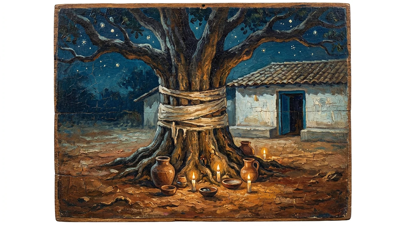Pintura de arte sacra de uma árvore sagrada de tronco largo com pano branco amarrado, quartinhas de barro e velas acesas entre as raízes, diante de uma casa caiada de porta azul à noite.