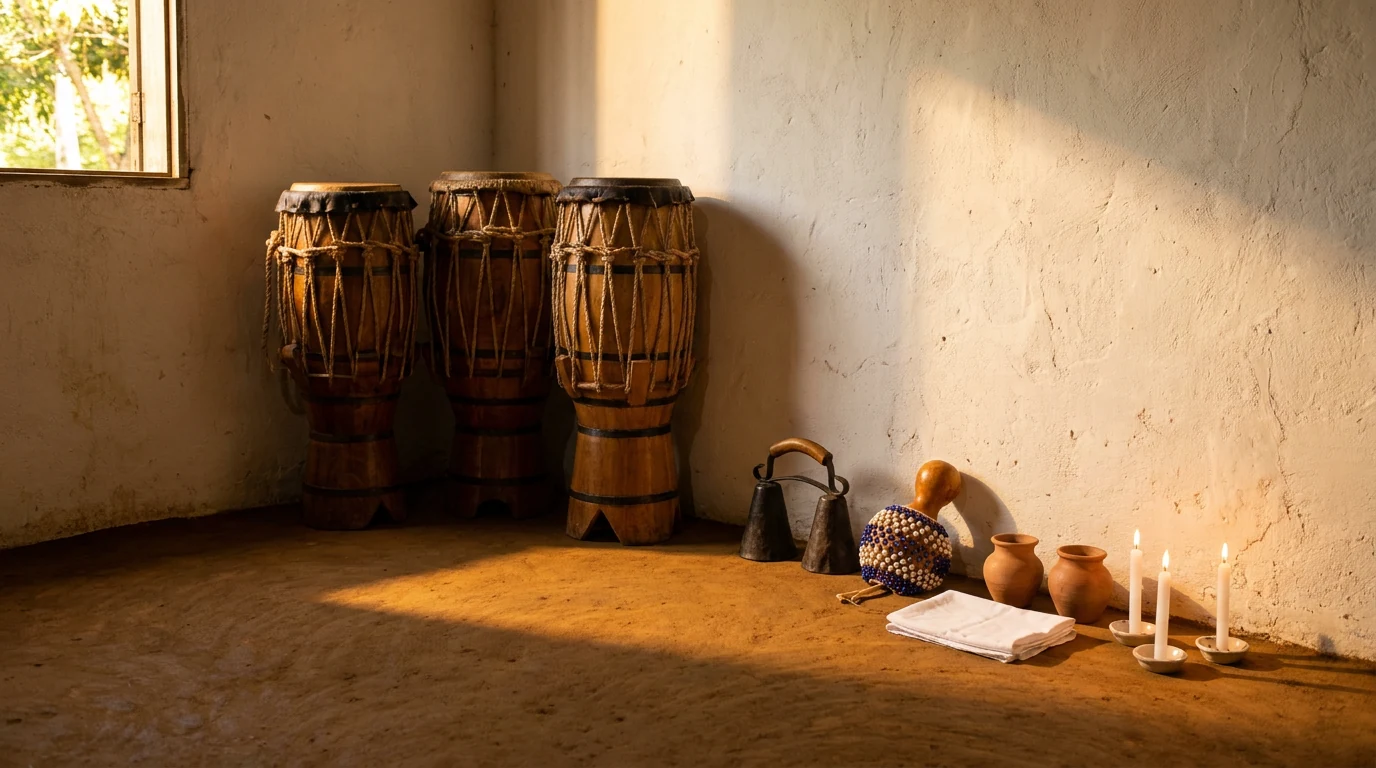 Canto de barracão de terreiro com atabaques de couro encostados na parede caiada, gã de ferro e xequerê apoiados no chão, quartinhas de barro e velas acesas sobre pano branco.