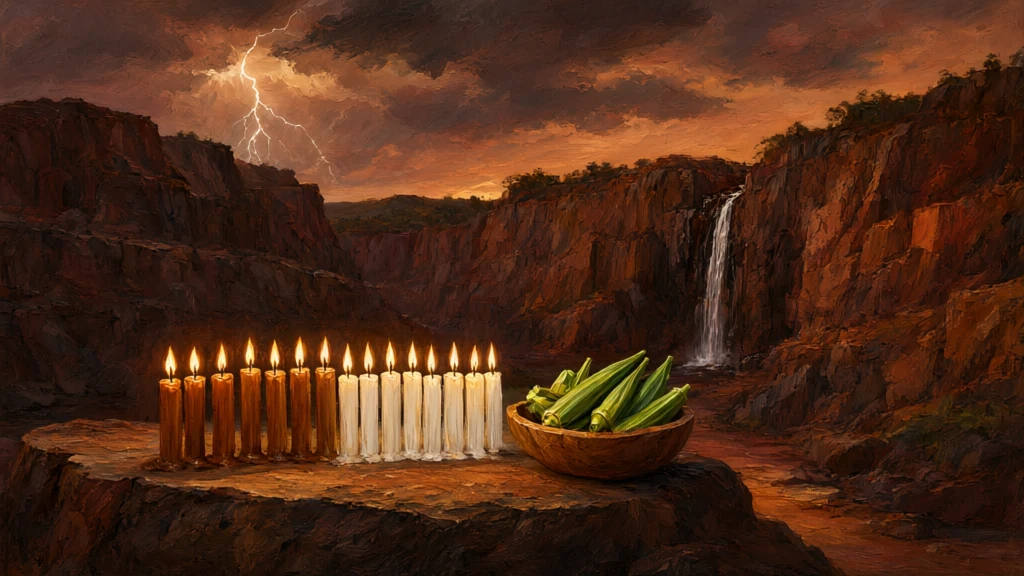 Sacred painting of a quarry at dusk, with a waterfall and lightning in the background, seven brown and seven white candles lit on a stone next to a gamela of okra.