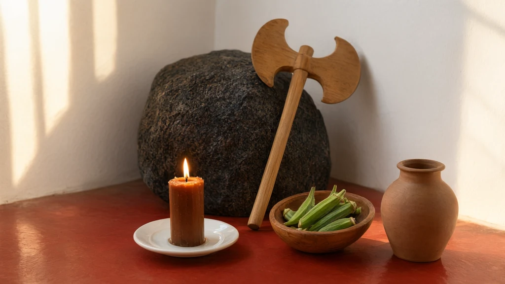 Corner of a whitewashed terreiro with a two-blade wooden oxê leaning against a dark stone, a lit brown candle on a saucer, a gamela with okra, and a brown clay quartinha on the cement floor.