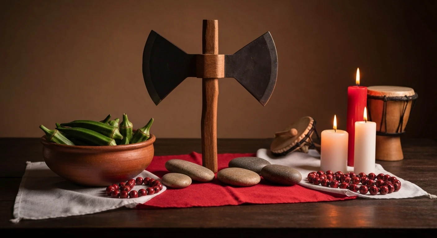 Machado de dois gumes de Xangô sobre pedra escura ao lado de uma balança de metal e velas acesas.
