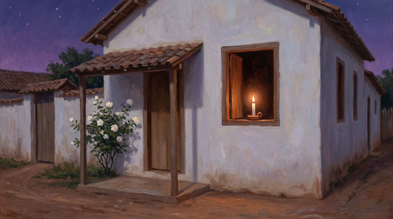 Pintura de uma casa caiada de subúrbio ao anoitecer, com varanda, roseira branca e uma vela acesa na janela.