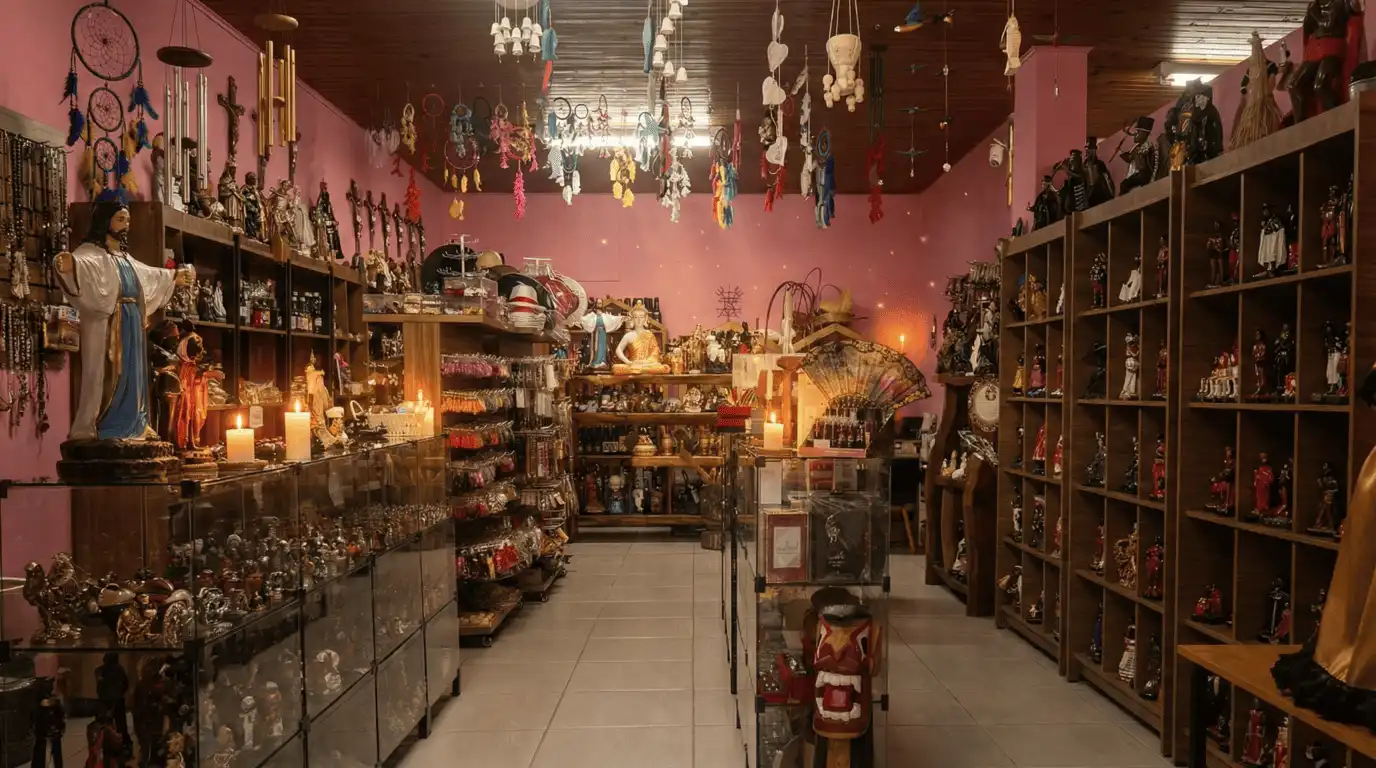 Interior da loja Joia Mística Laroyê, em Extrema-MG